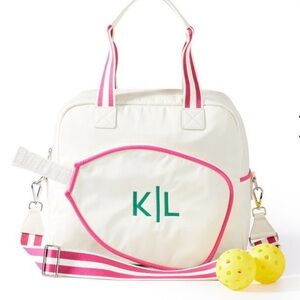 Mark & Graham Sporty Stripe Pickleball Bag – Ivory & Pink – Monogram “S”